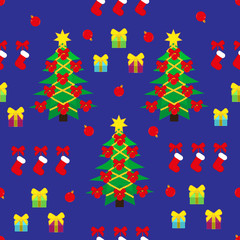 Christmas seamless pattern with tree, presents, decorations and christmas stokings. Flat style. Vector illustration.