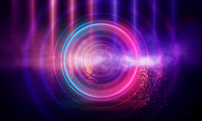 Neon circle on a dark street background, wet asphalt. Blue neon, smoke, smog. Night view of a street with neon. Abstract neon dark background.
