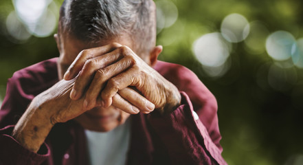 senior man covering his face with his hands. Depression and anxiety Copy space. - obrazy, fototapety, plakaty
