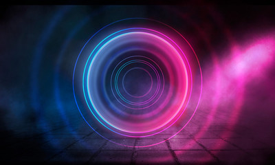 Neon circle on a dark street background, wet asphalt. Blue neon, smoke, smog. Night view of a street with neon. Abstract neon dark background.