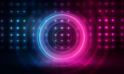 Neon circle on a dark street background, wet asphalt. Blue neon, smoke, smog. Night view of a street with neon. Abstract neon dark background.