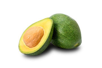 Closeup fresh green avocado and half sliced isolated on white background. All in focus. Clipping path.