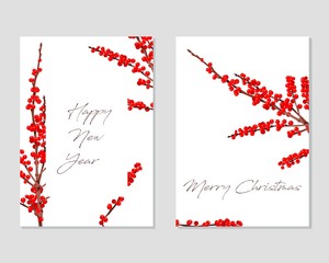 Red berries branches card template. Element for design and Christmas composition. 