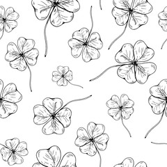 Clover pattern. Hand drawn four leaf clovers on transparent backdrop. Seamles vector background