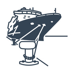black icon ship moored in port, bollard with mooring ropes