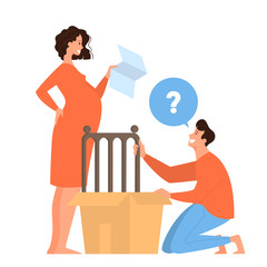 Mother and father building a baby crib for newborn