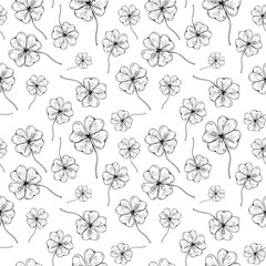 Clover pattern. Hand drawn four leaf clovers on transparent backdrop. Seamles vector background