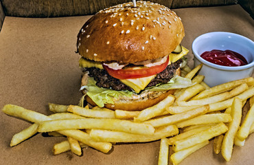 hamburgers with beef burger cutlet, french fries