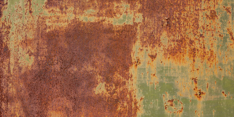 Panoramic grunge rusted metal texture, rust and oxidized metal background. Old metal iron panel. 