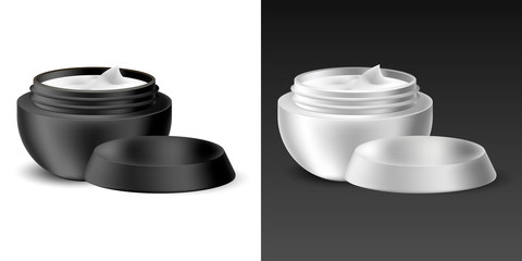 Set of realistic black and white container with cream for lotion, gel, paint. Vector isolated object on a white background. Mock up for banner, card, brochure. Product packaging illustration.
