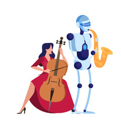 Robot saxophonist play music with woman together.