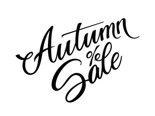 Hand drawn lettering composition Autumn Sale on the white background. Seasonal handwritten design element for sale offer banner, vector illustration.