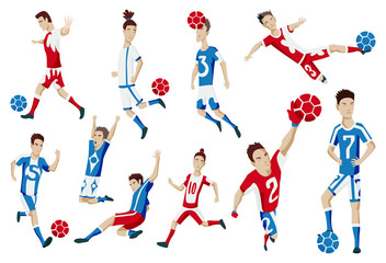 Fototapeta na wymiar Set of football player characters showing different actions. Cheerful soccer player standing, running, kicking the ball, jumping, celebrating victory. Simple style vector illustration.