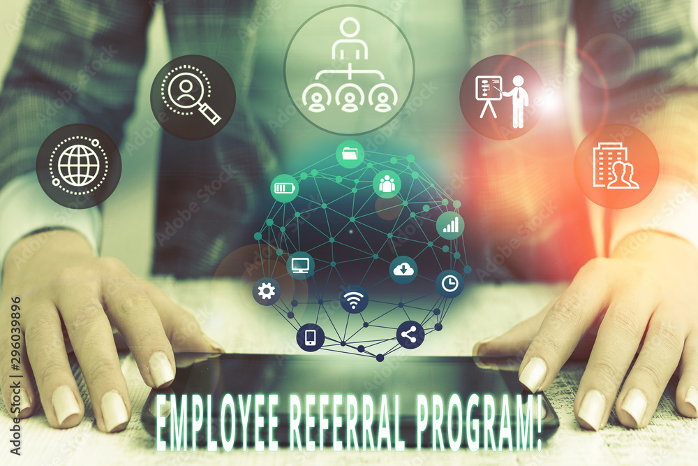 Poster conceptual hand writing showing employee referral program. concept meaning internal recruitment meth