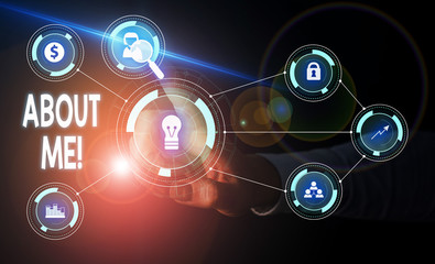 Handwriting text About Me. Conceptual photo telling someone list of your good and bad properties Woman wear formal work suit presenting presentation using smart device