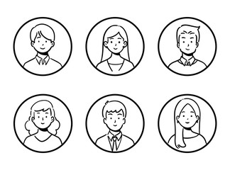 Doodle set of avatar office workers, cheerful people, hand-drawn icon style, character design, vector illustration.