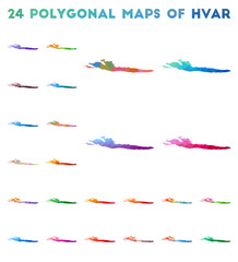 Set of vector polygonal maps of Hvar. Bright gradient map of island in low poly style. Multicolored Hvar map in geometric style for your infographics.