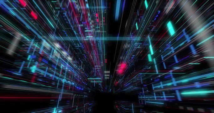 Seamless loop of abstract matrix hologram digital data flow. fly through time and space, warp through science fiction binary code particles network. Science and Technology concept. 3D render