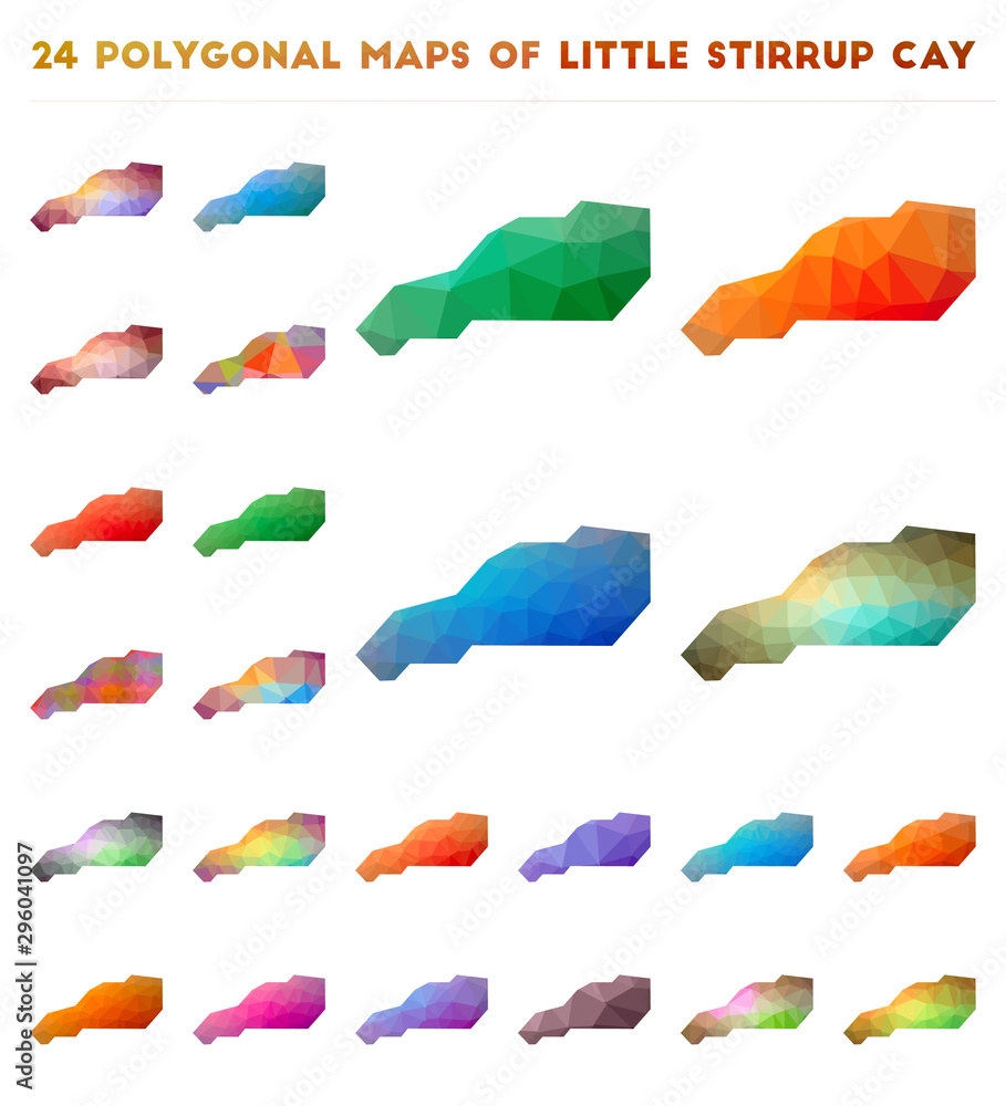 Poster Set of vector polygonal maps of Little Stirrup Cay. Bright gradient map of island in low poly style. Multicolored Little Stirrup Cay map in geometric style for your infographics.