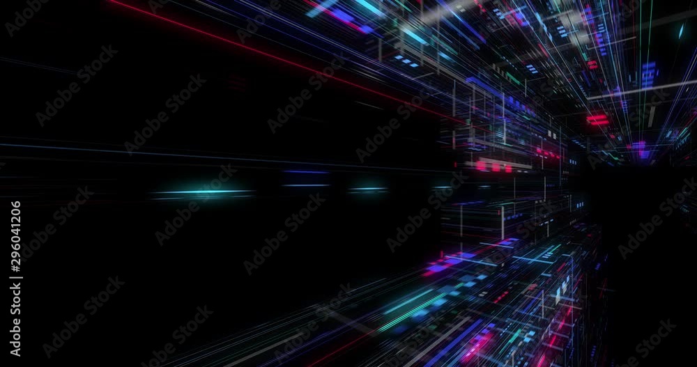 Poster seamless loop of abstract matrix hologram digital data flow. fly through time and space, warp throug