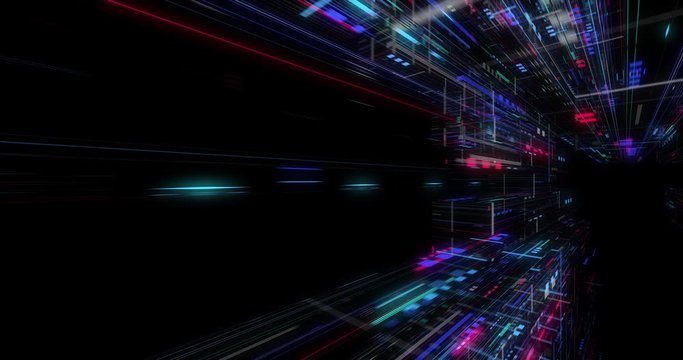 Seamless loop of abstract matrix hologram digital data flow. fly through time and space, warp through science fiction binary code particles network. Science and Technology concept. 3D render