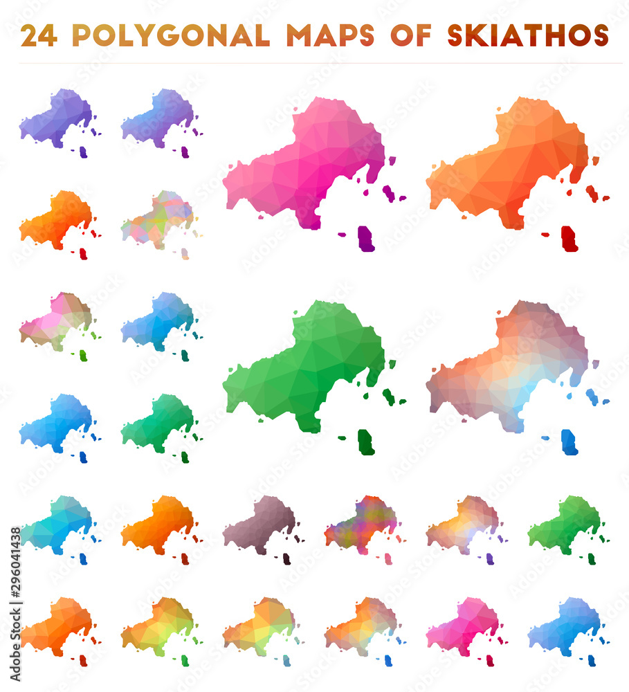 Poster set of vector polygonal maps of skiathos. bright gradient map of island in low poly style. multicolo