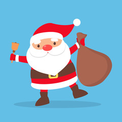 Happy funny Santa Claus in red clothes holding big bag