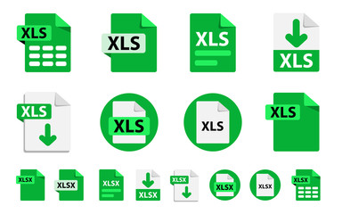 Collection of vector icons XLSx, XLS. File format extensions icons. 8 different design options. Circle buttons. flat design style