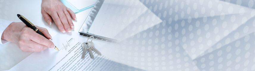 Client signing a real estate contract; panoramic banner