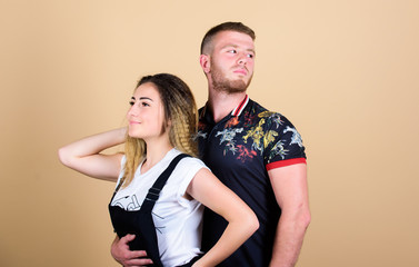Man and woman beige background. Family love. Couple dating. Trust and support. Cute and sweet relationship is dream for every girl in world. Couple in love. Couple goals concept. Romantic relations