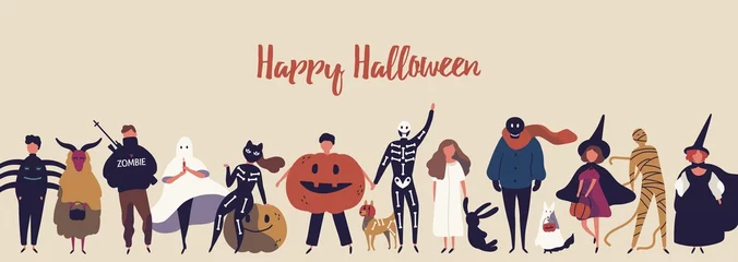 Gordijnen Happy halloween flat banner vector template. Children in spooky outfits cartoon characters. Autumn holiday congratulation. Kids in spider, ghost, mummy and witch costumes illustration with typography. © Good Studio