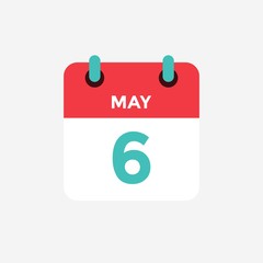 Flat icon calendar 6 of May. Date, day and month. Vector illustration.