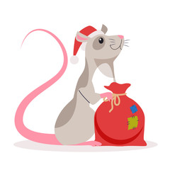 Cute christmas rat. Animal character in Santa Claus hat