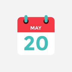 Flat icon calendar 20 of May. Date, day and month. Vector illustration.