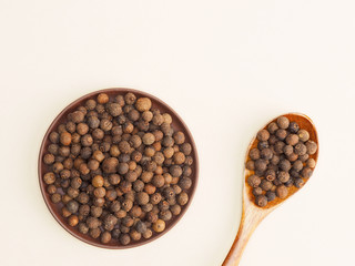 Spices and herbs help maintain good health and improve appetite, top view on beige background. Allspice in clay plate and in wooden spoon. Modern apothecary, naturopathy and ayurveda concept.