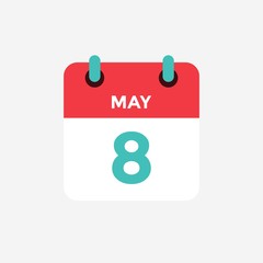 Flat icon calendar 8 of May. Date, day and month. Vector illustration.