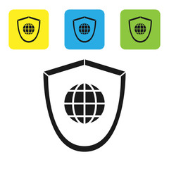 Black Shield with world globe icon isolated on white background. Security, safety, protection, privacy concept. Set icons colorful square buttons. Vector Illustration © Oksana