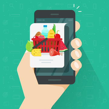 Internet food delivery or order via mobile phone vector illustration, flat cartoon hand with cellphone and food products on message screen, concept of web menu or recipe online image