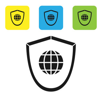 Black Shield with world globe icon isolated on white background. Security, safety, protection, privacy concept. Set icons colorful square buttons. Vector Illustration