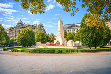 Fototapeta premium European street of Budapest in Hungary with historic buildings of the downtown in early autumn