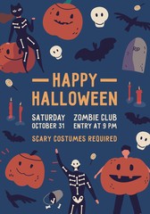 Happy halloween flat poster vector template. Holiday party, entertainment event invitation card. Zombie club advertising flyer, banner layout. People in scary costumes illustration with typography.