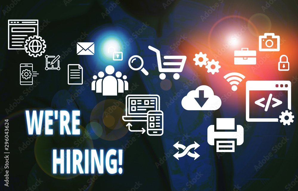 Poster handwriting text we re hiring. conceptual photo process of reviewing applications and finding candid