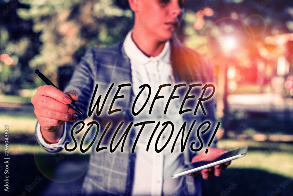 Aufkleber text sign showing we offer solutions. business photo text way to solve problem or deal with difficul