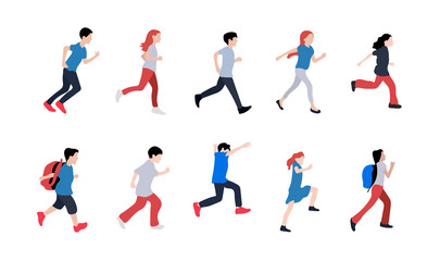 Fototapeta na wymiar Set of running men and women. Set of funny smiling people in hurry or haste. Happy flat cartoon characters isolated on white background. Vector illustration.