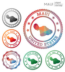 Maui badge. Colorful polygonal island symbol. Multicolored geometric Maui logos set. Vector illustration.