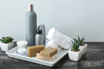 Fototapeta na wymiar Cosmetics for personal hygiene on table