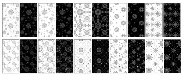 The set of 10 lacy refined black and white vector seamless patterns with mandala elements on black and white background