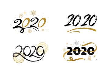 2020 Happy new year lettering with golden elements, banners on a white background. Vector illustration