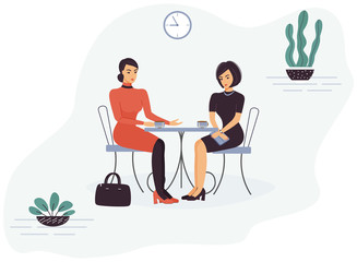 Two cute funny smart beautiful women colleagues are sitting in a cafe at a table, talking and drinking coffee or tea during break. Trendy green home plants and wall clock. Flat vector illustration
