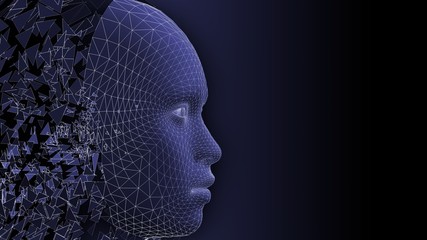 Wireframe human face, 3d rendered digital illustration,  with dark blue colors. The concept of artificial intelligence.